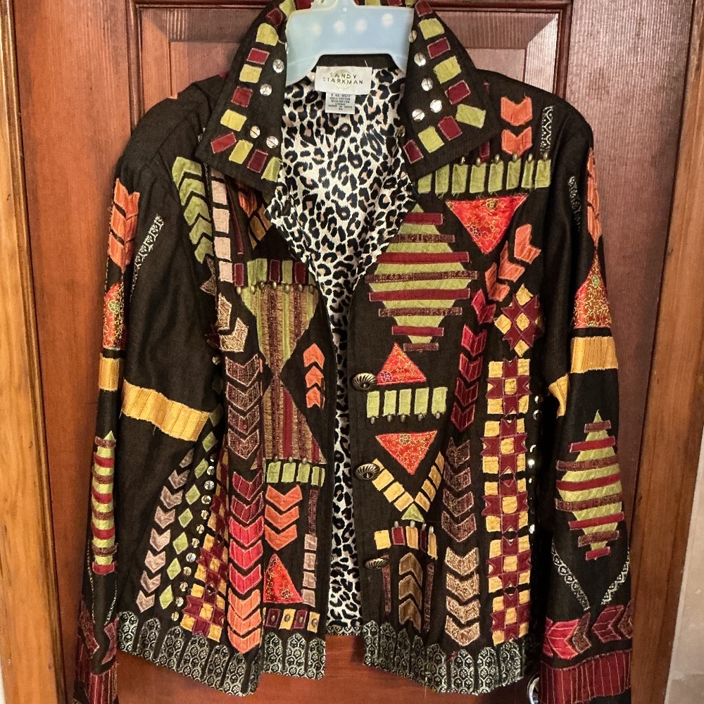 Wonderful vintage SANDY STARKMAN APPLIQUÉ AND STUDDED JACKET LEOPARD LINED. M.